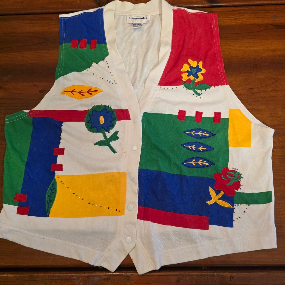 Vest White Red Blue Yellow Applique Snap Front Floral Beads Women's Large 1990s